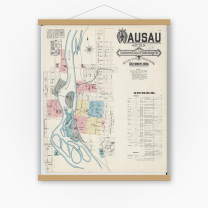 Old map wall art mockup — magnetic wood frame on white wall — Sanborn Fire Insurance Map from Wausau, Marathon County, Wisconsin (1884) - Complete Map Set