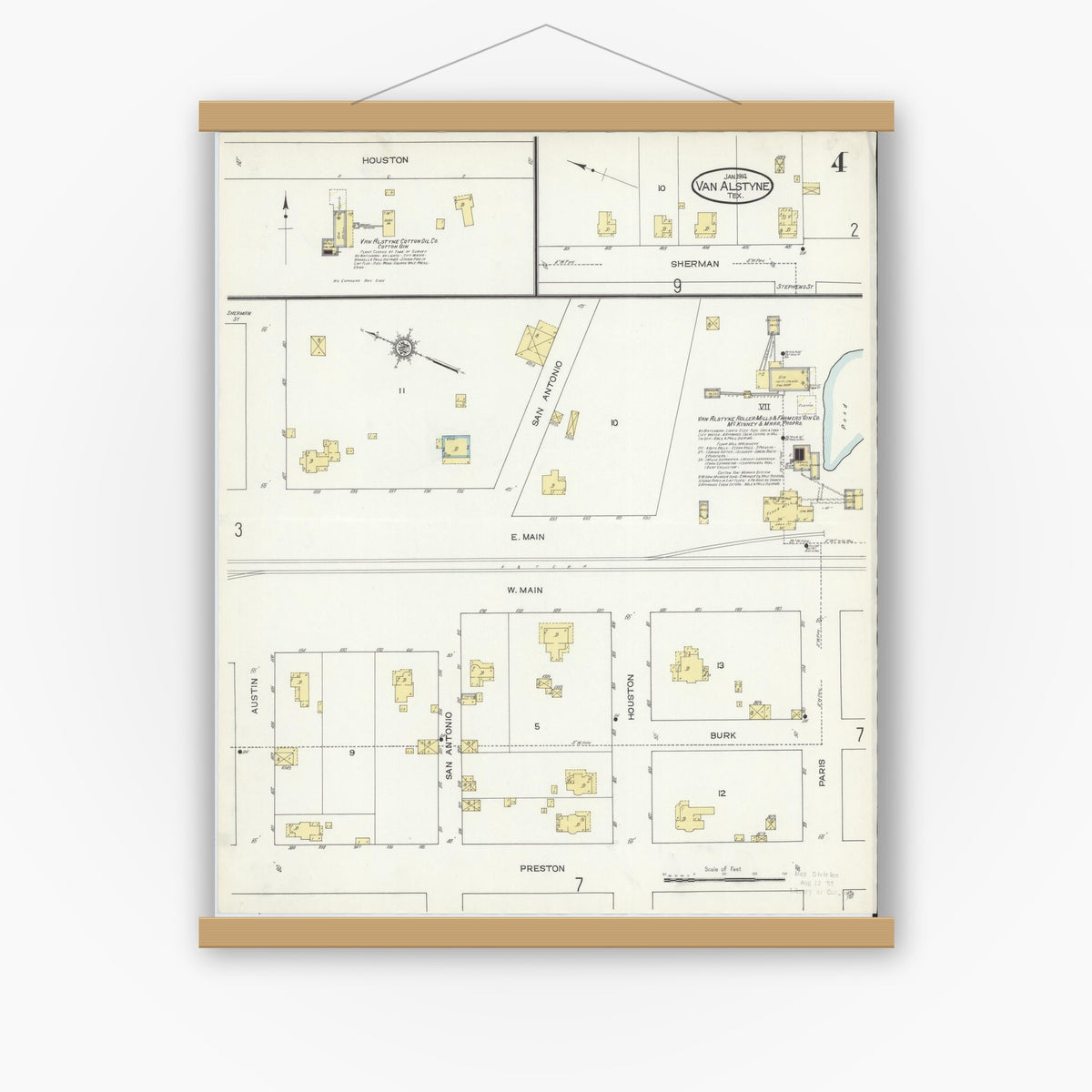Old map wall art mockup — magnetic wood frame on white wall — Sanborn Fire Insurance Map from Van Alstyne, Grayson County, Texas (1914), Sheet #0004