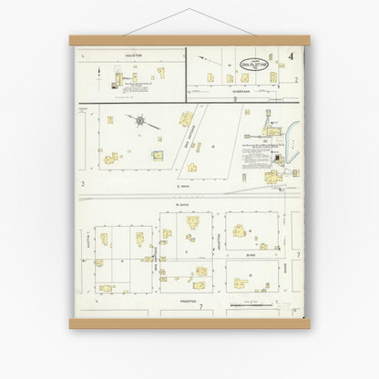 Old map wall art mockup — magnetic wood frame on white wall — Sanborn Fire Insurance Map from Van Alstyne, Grayson County, Texas (1914), Sheet #0004