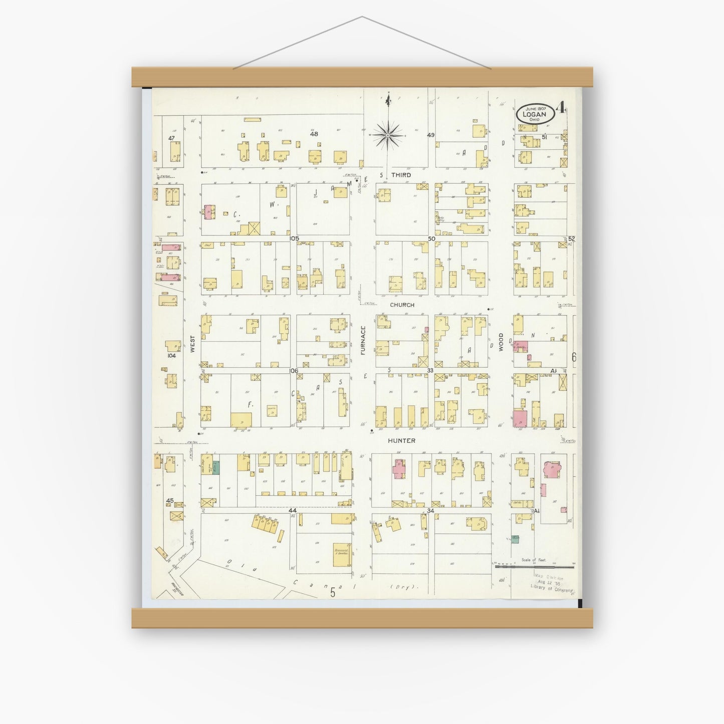 Old map wall art mockup — magnetic wood frame on white wall — Sanborn Fire Insurance Map from Logan, Hocking County, Ohio (1907), Sheet #0004