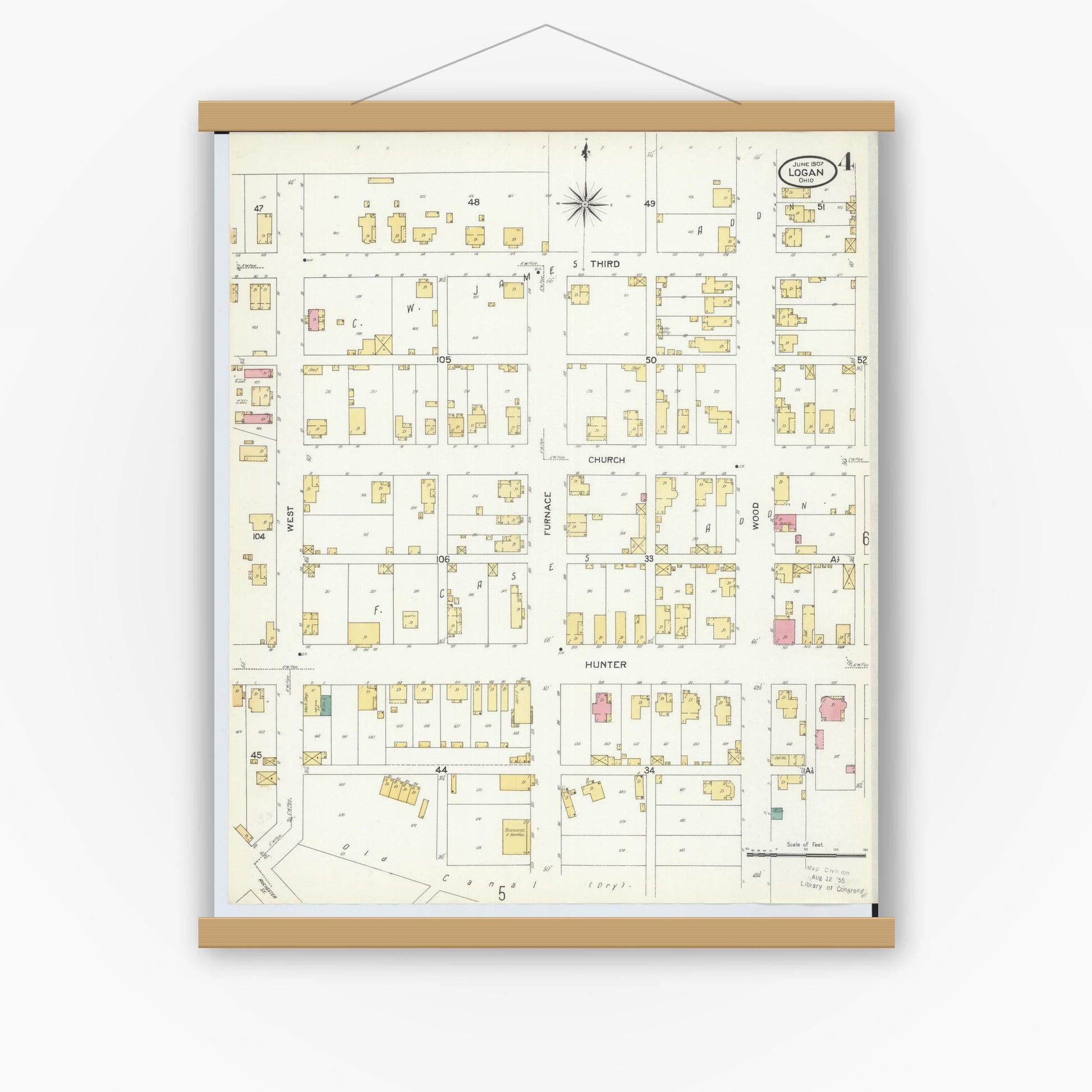 Old map wall art mockup — magnetic wood frame on white wall — Sanborn Fire Insurance Map from Logan, Hocking County, Ohio (1907), Sheet #0004