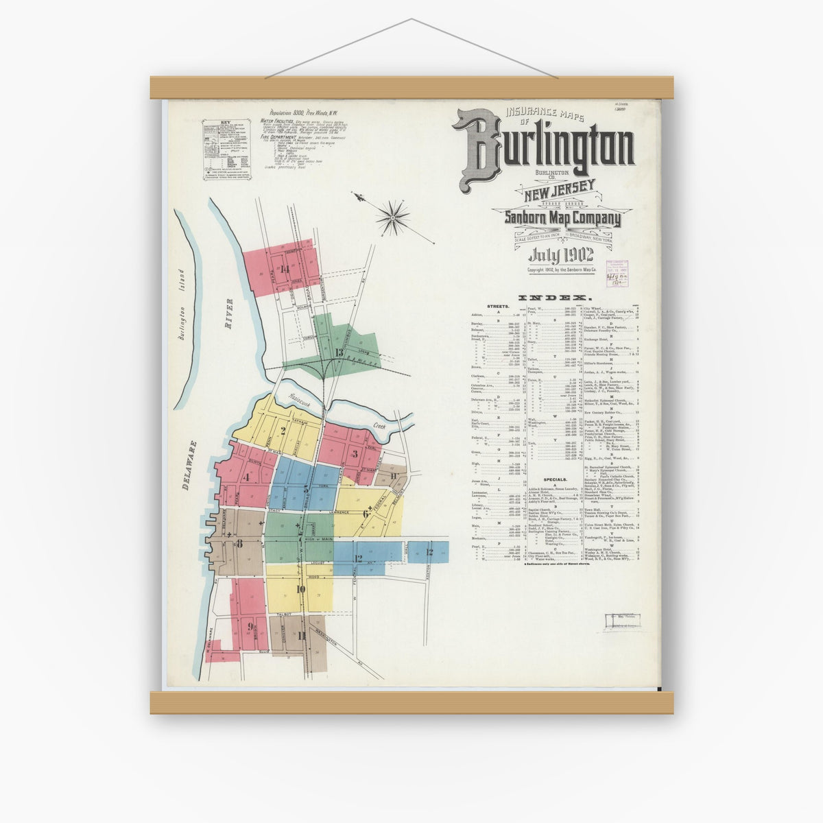 Old map wall art mockup — magnetic wood frame on white wall — Sanborn Fire Insurance Map from Burlington, Burlington County, New Jersey (1902), Sheet #0001