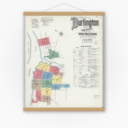 Old map wall art mockup — magnetic wood frame on white wall — Sanborn Fire Insurance Map from Burlington, Burlington County, New Jersey (1902), Sheet #0001