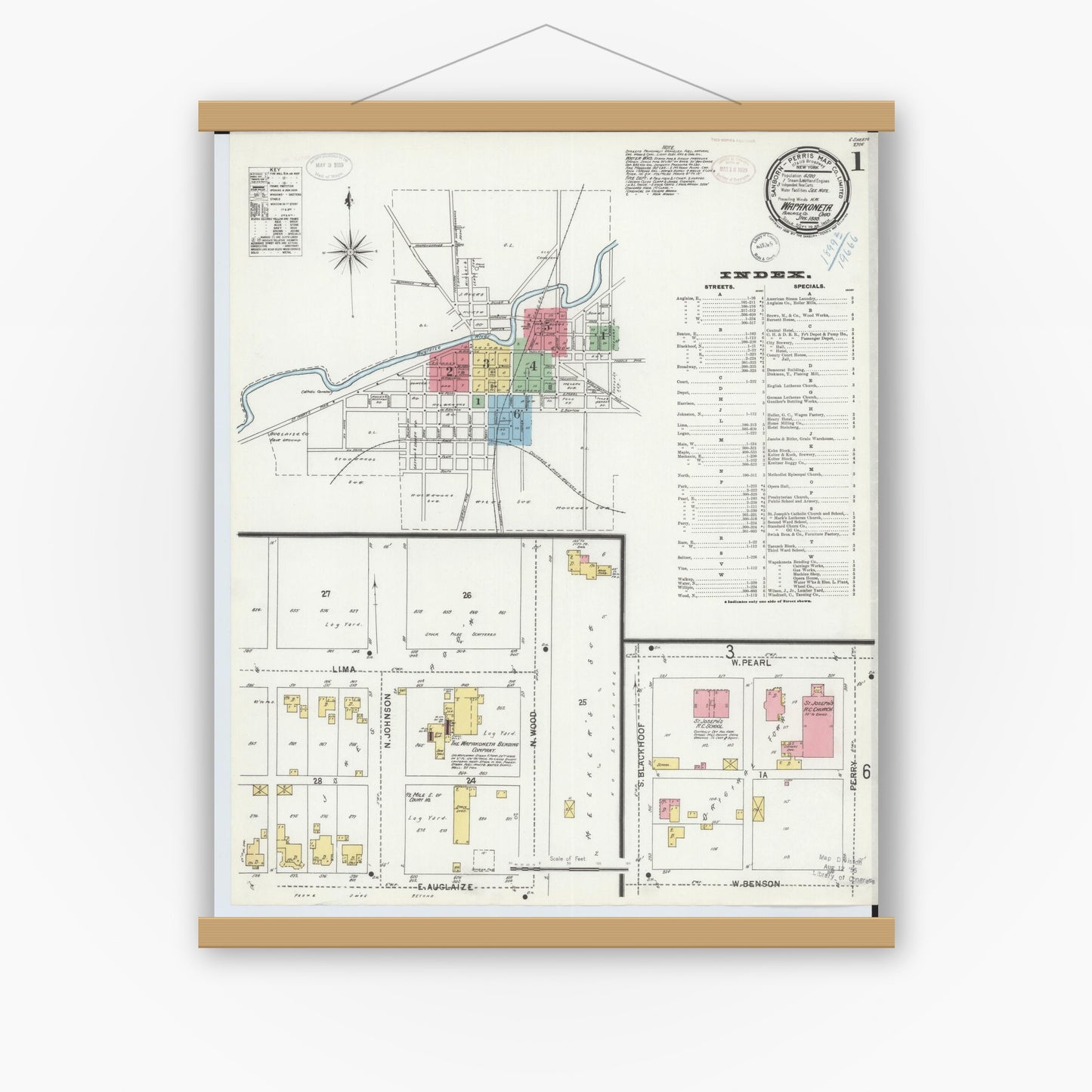 Old map wall art mockup — magnetic wood frame on white wall — Sanborn Fire Insurance Map from Wapakoneta, Auglaize County, Ohio (1899) - Complete Map Set