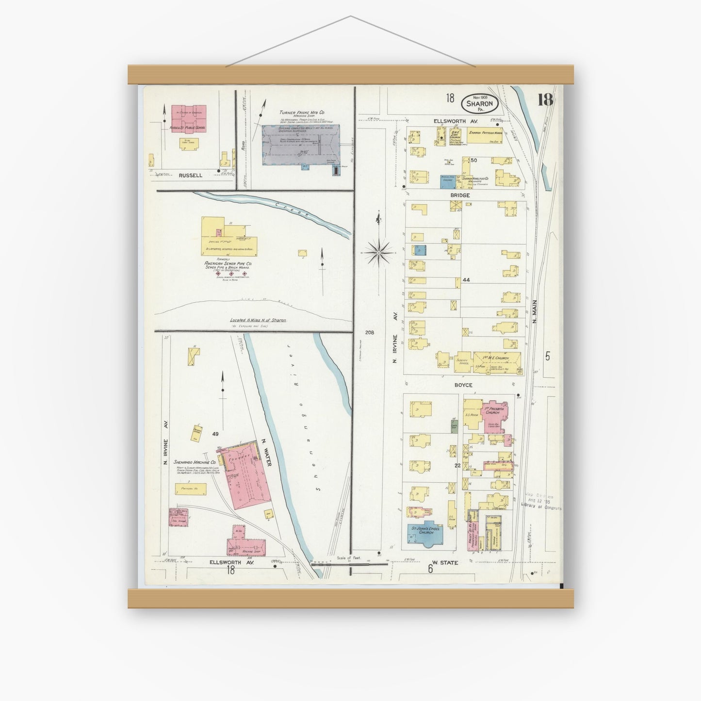 Old map wall art mockup — magnetic wood frame on white wall — Sanborn Fire Insurance Map from Sharon, Mercer County, Pennsylvania (1908), Sheet #0018