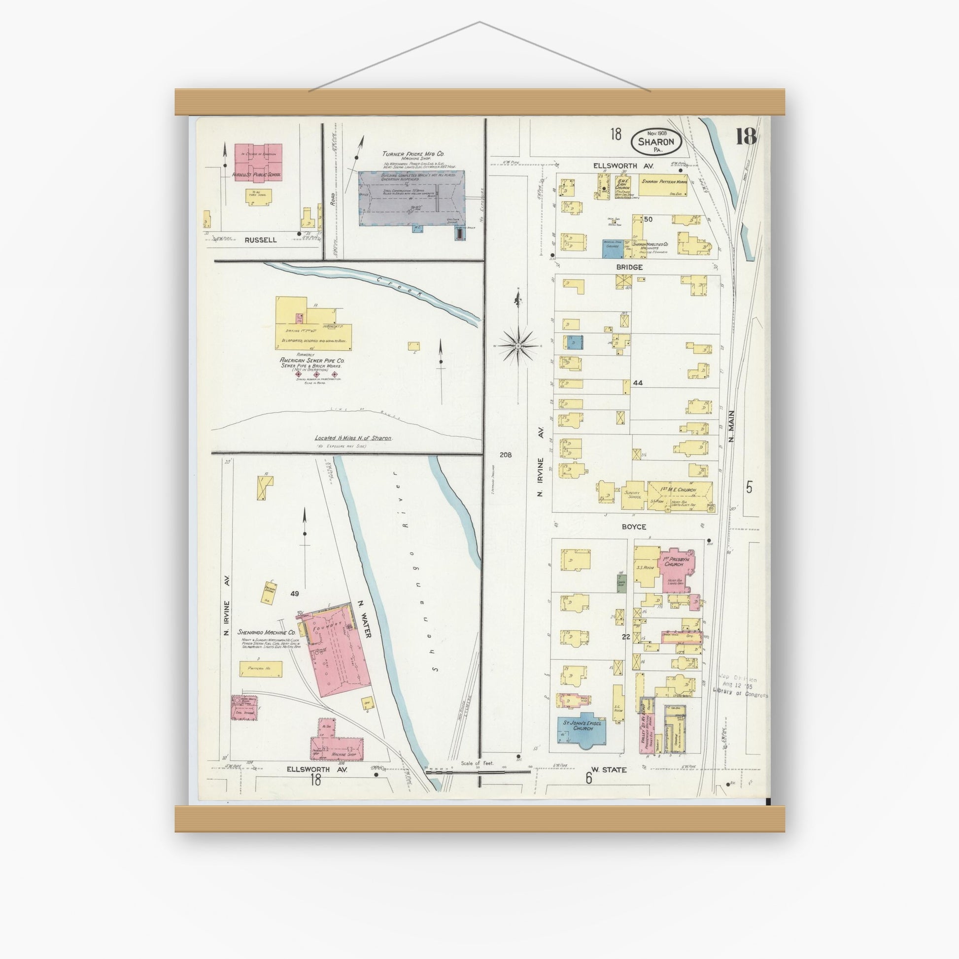 Old map wall art mockup — magnetic wood frame on white wall — Sanborn Fire Insurance Map from Sharon, Mercer County, Pennsylvania (1908), Sheet #0018