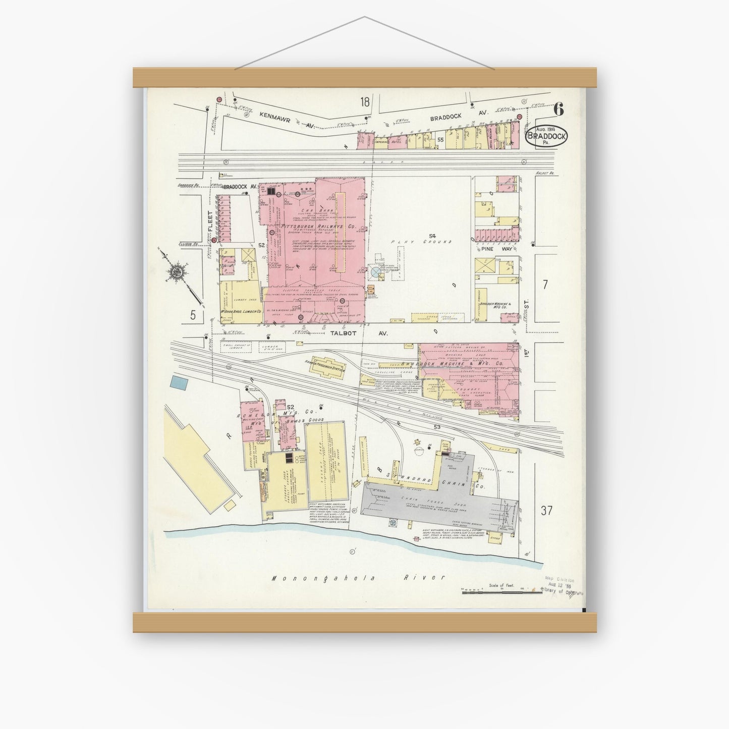 Old map wall art mockup — magnetic wood frame on white wall — Sanborn Fire Insurance Map from Braddock, Allegheny County, Pennsylvania (1914), Sheet #0006