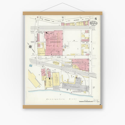 Old map wall art mockup — magnetic wood frame on white wall — Sanborn Fire Insurance Map from Braddock, Allegheny County, Pennsylvania (1914), Sheet #0006