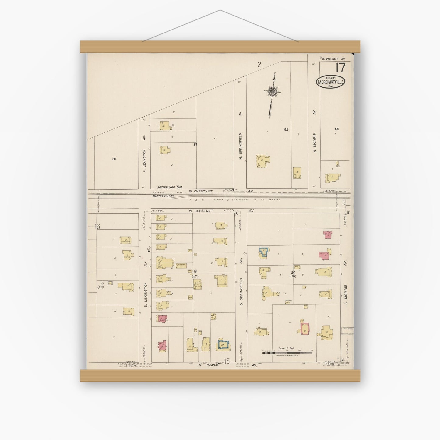 Old map wall art mockup — magnetic wood frame on white wall — Sanborn Fire Insurance Map from Merchantville, Camden County, New Jersey (1921), Sheet #0017