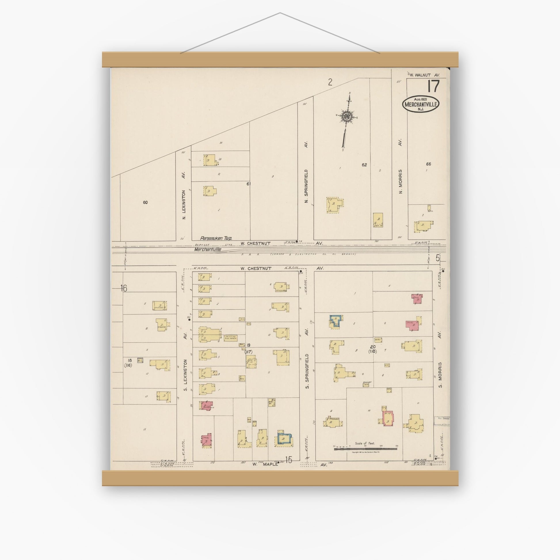 Old map wall art mockup — magnetic wood frame on white wall — Sanborn Fire Insurance Map from Merchantville, Camden County, New Jersey (1921), Sheet #0017