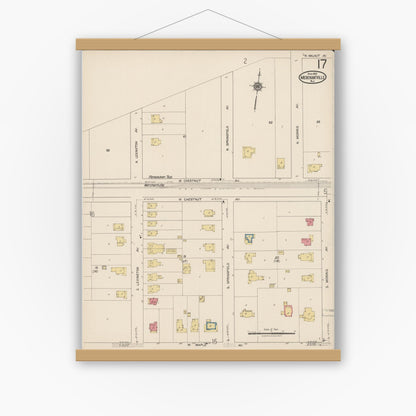 Old map wall art mockup — magnetic wood frame on white wall — Sanborn Fire Insurance Map from Merchantville, Camden County, New Jersey (1921), Sheet #0017