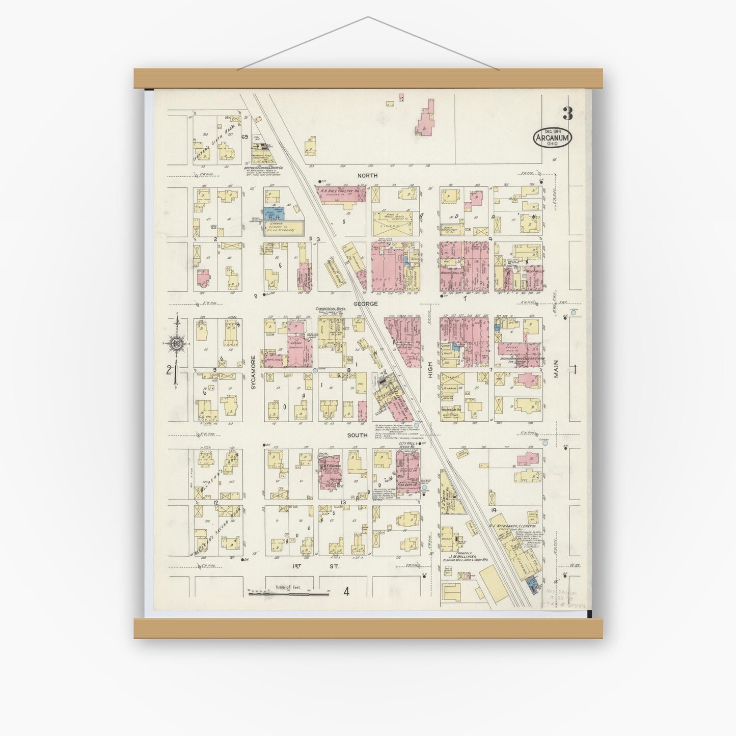 Old map wall art mockup — magnetic wood frame on white wall — Sanborn Fire Insurance Map from Arcanum, Darke County, Ohio (1914), Sheet #0003