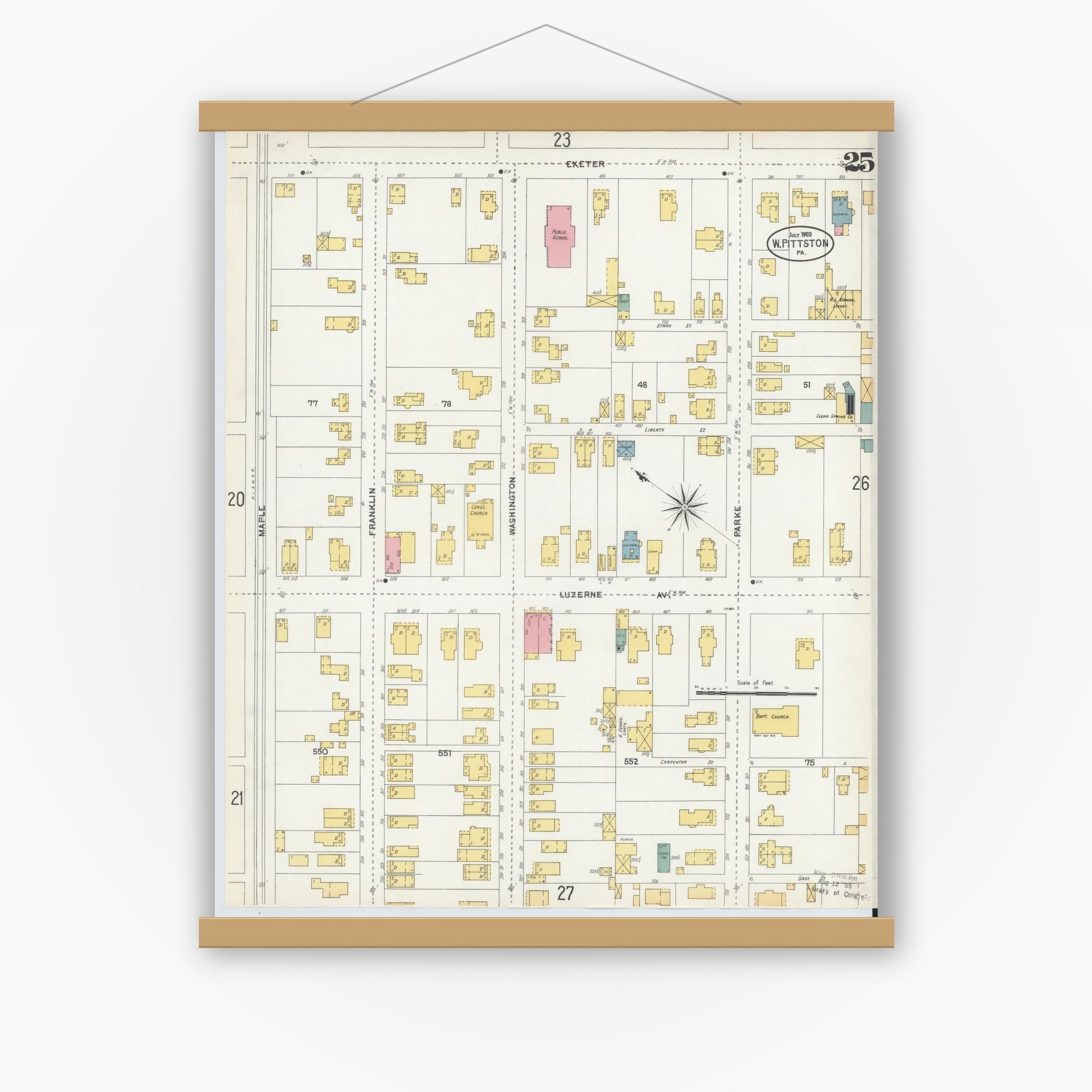 Old map wall art mockup — magnetic wood frame on white wall — Sanborn Fire Insurance Map from Pittston, Luzerne County, Pennsylvania (1903), Sheet #0025