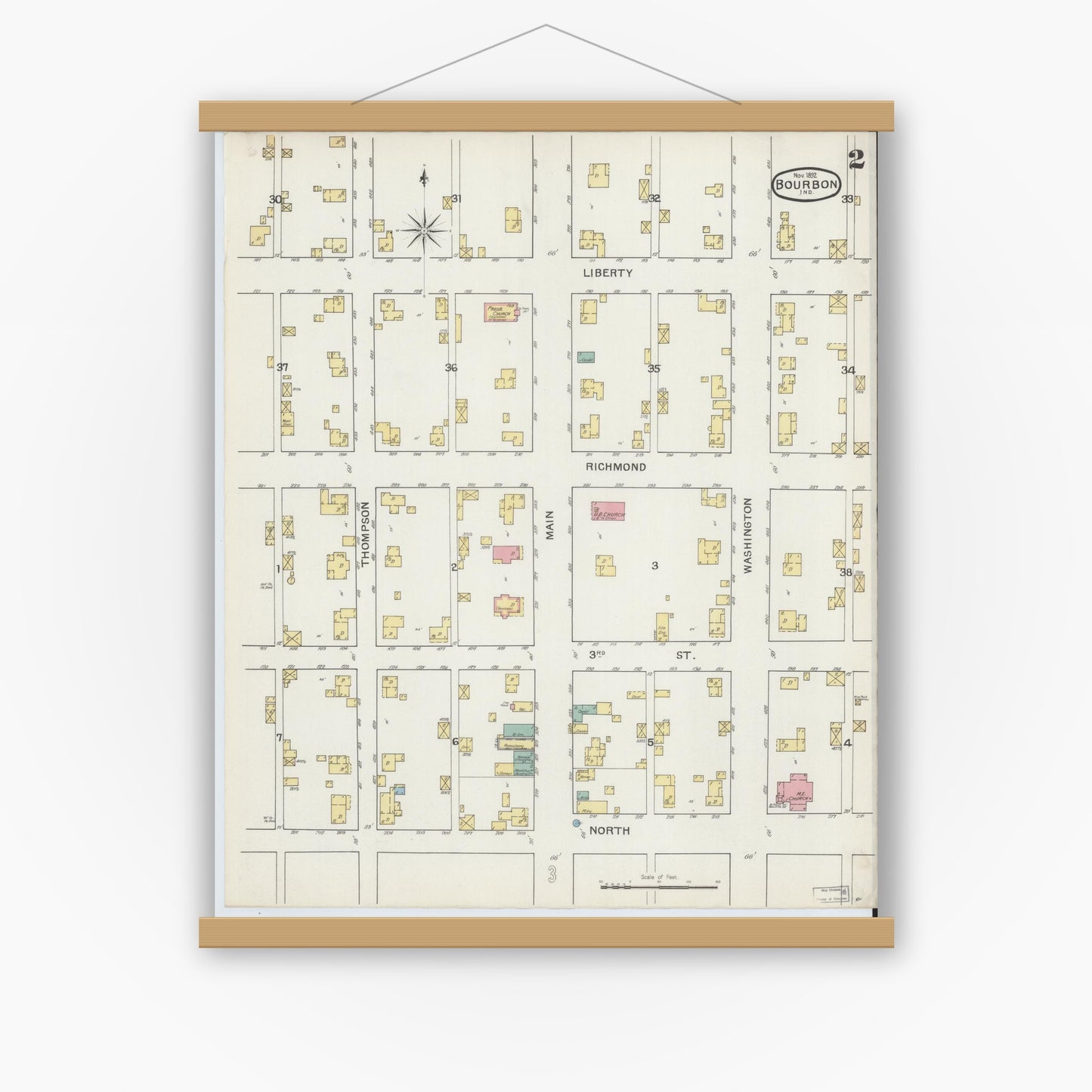 Old map wall art mockup — magnetic wood frame on white wall — Sanborn Fire Insurance Map from Bourbon, Marshall County, Indiana (1892), Sheet #0002