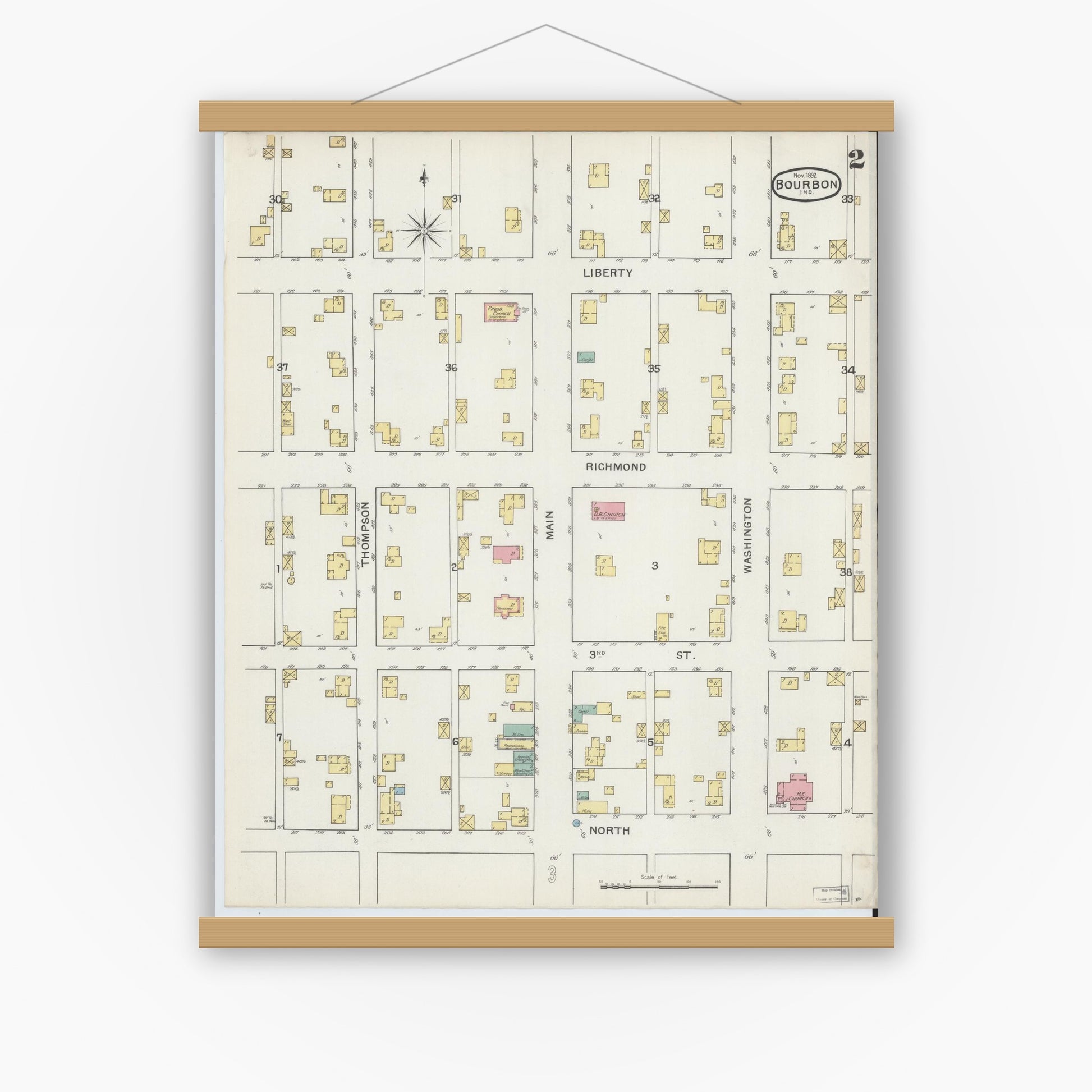 Old map wall art mockup — magnetic wood frame on white wall — Sanborn Fire Insurance Map from Bourbon, Marshall County, Indiana (1892), Sheet #0002