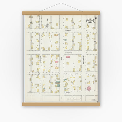 Old map wall art mockup — magnetic wood frame on white wall — Sanborn Fire Insurance Map from Bourbon, Marshall County, Indiana (1892), Sheet #0002