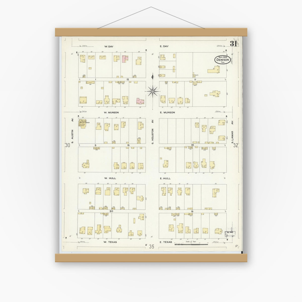 Old map wall art mockup — magnetic wood frame on white wall — Sanborn Fire Insurance Map from Denison, Grayson County, Texas (1908), Sheet #0031