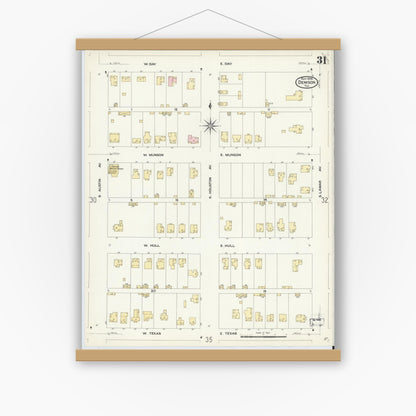 Old map wall art mockup — magnetic wood frame on white wall — Sanborn Fire Insurance Map from Denison, Grayson County, Texas (1908), Sheet #0031