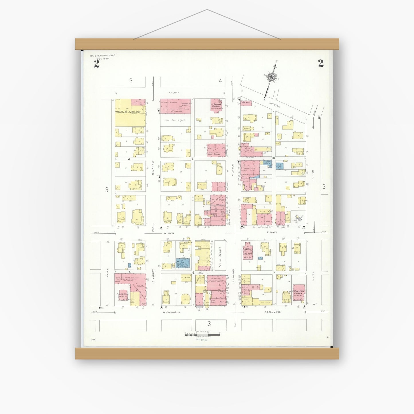 Old map wall art mockup — magnetic wood frame on white wall — Sanborn Fire Insurance Map from Mount Sterling, Madison County, Ohio (1940), Sheet #0002