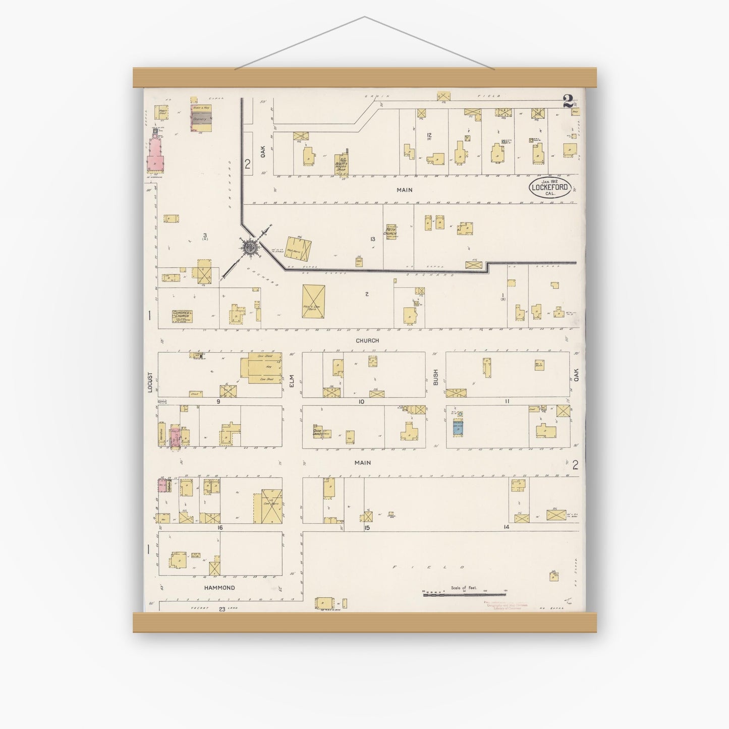 Old map wall art mockup — magnetic wood frame on white wall — Sanborn Fire Insurance Map from Lockeford, San Joaquin County, California (1912), Sheet #0002