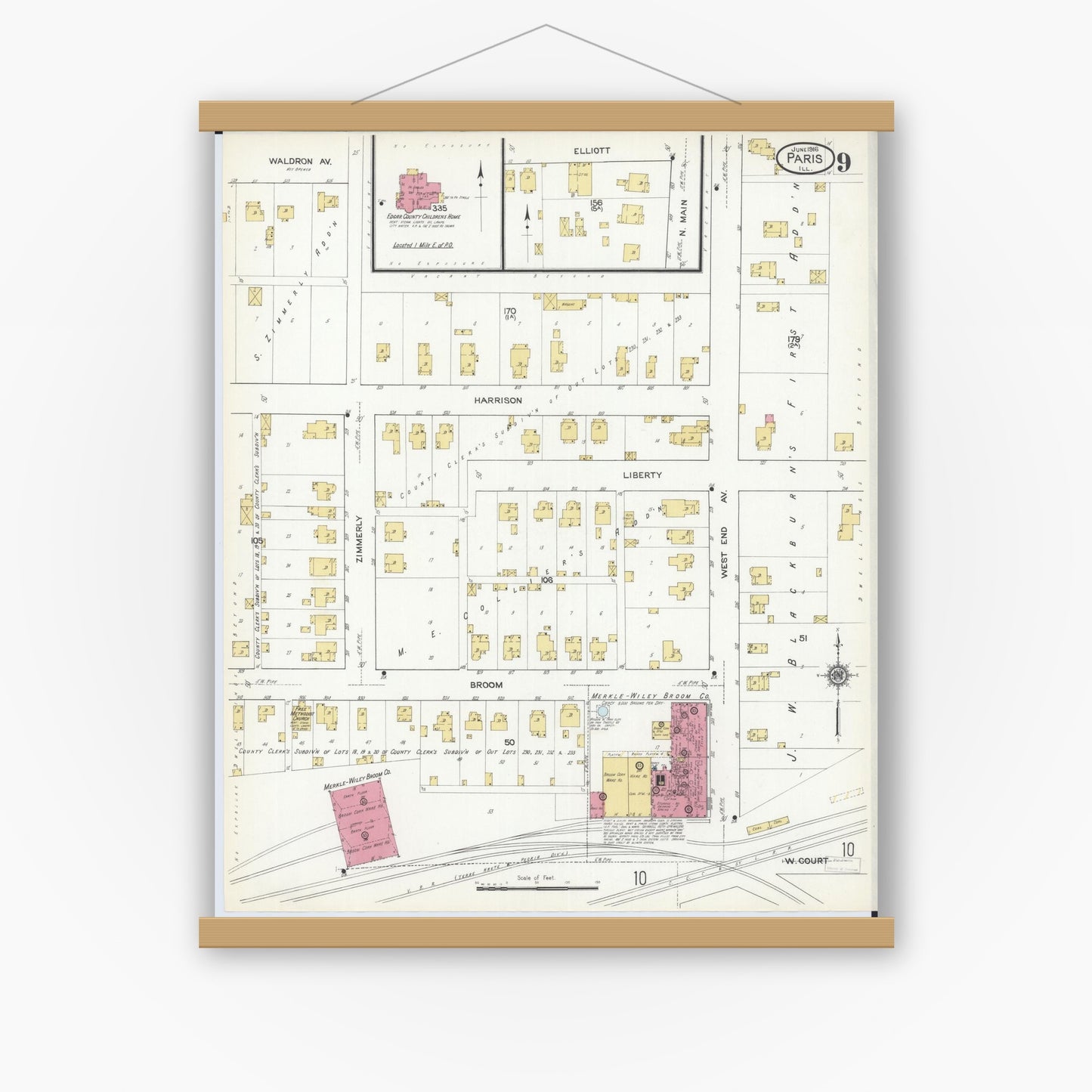 Old map wall art mockup — magnetic wood frame on white wall — Sanborn Fire Insurance Map from Paris, Edgar County, Illinois (1916), Sheet #0009