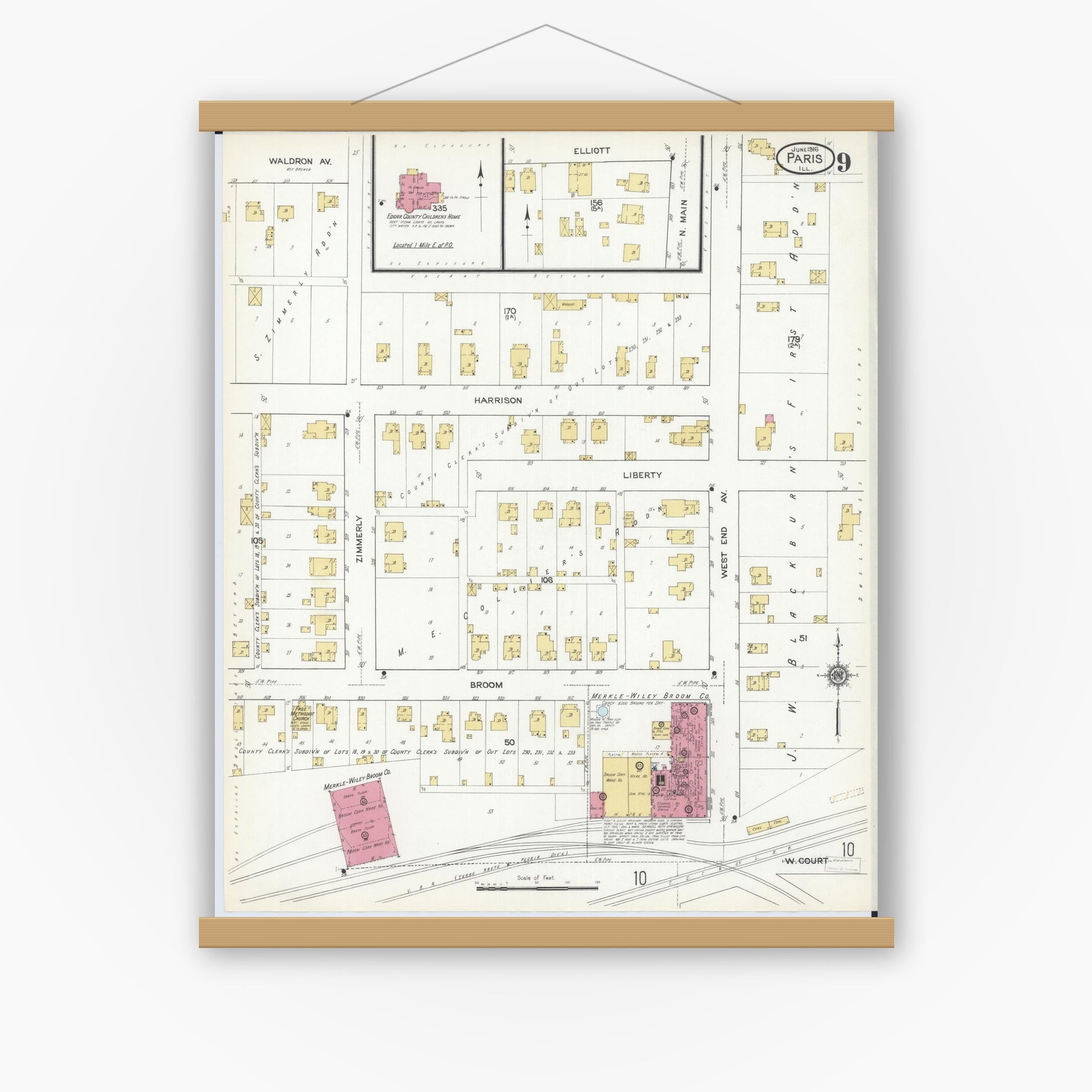 Old map wall art mockup — magnetic wood frame on white wall — Sanborn Fire Insurance Map from Paris, Edgar County, Illinois (1916), Sheet #0009