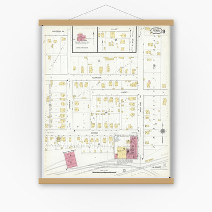 Old map wall art mockup — magnetic wood frame on white wall — Sanborn Fire Insurance Map from Paris, Edgar County, Illinois (1916), Sheet #0009