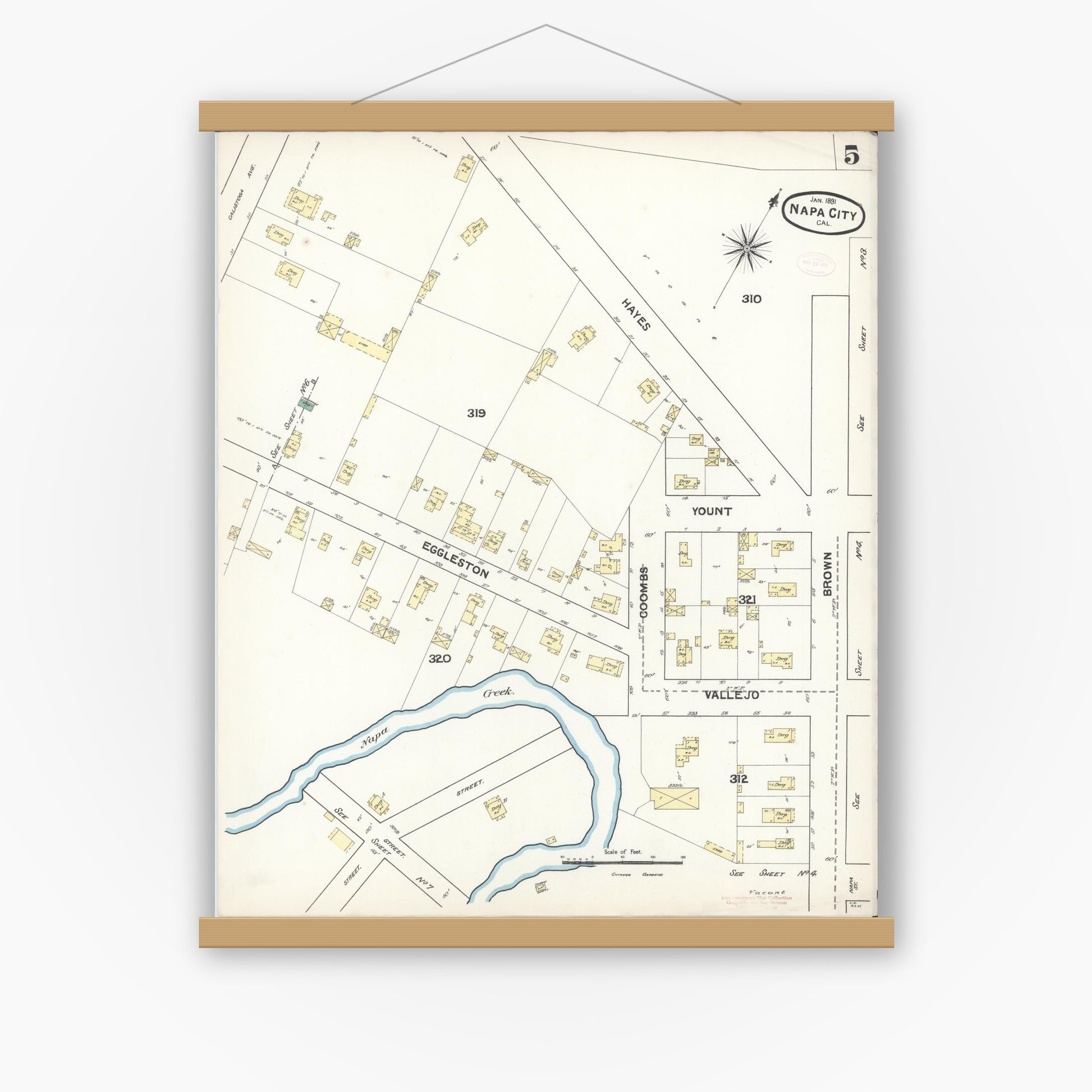 Old map wall art mockup — magnetic wood frame on white wall — Sanborn Fire Insurance Map from Napa, Napa County, California (1891), Sheet #0005