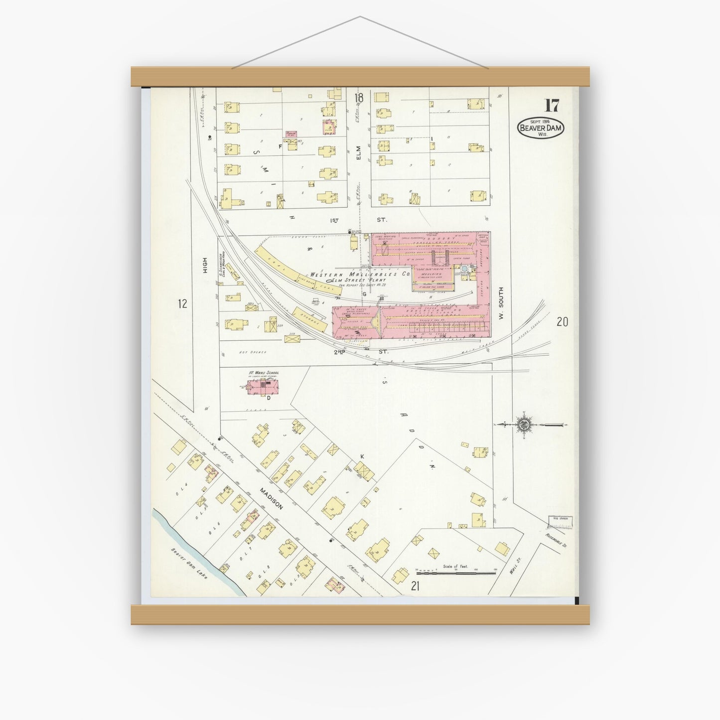 Old map wall art mockup — magnetic wood frame on white wall — Sanborn Fire Insurance Map from Beaver Dam, Dodge County, Wisconsin (1914), Sheet #0017