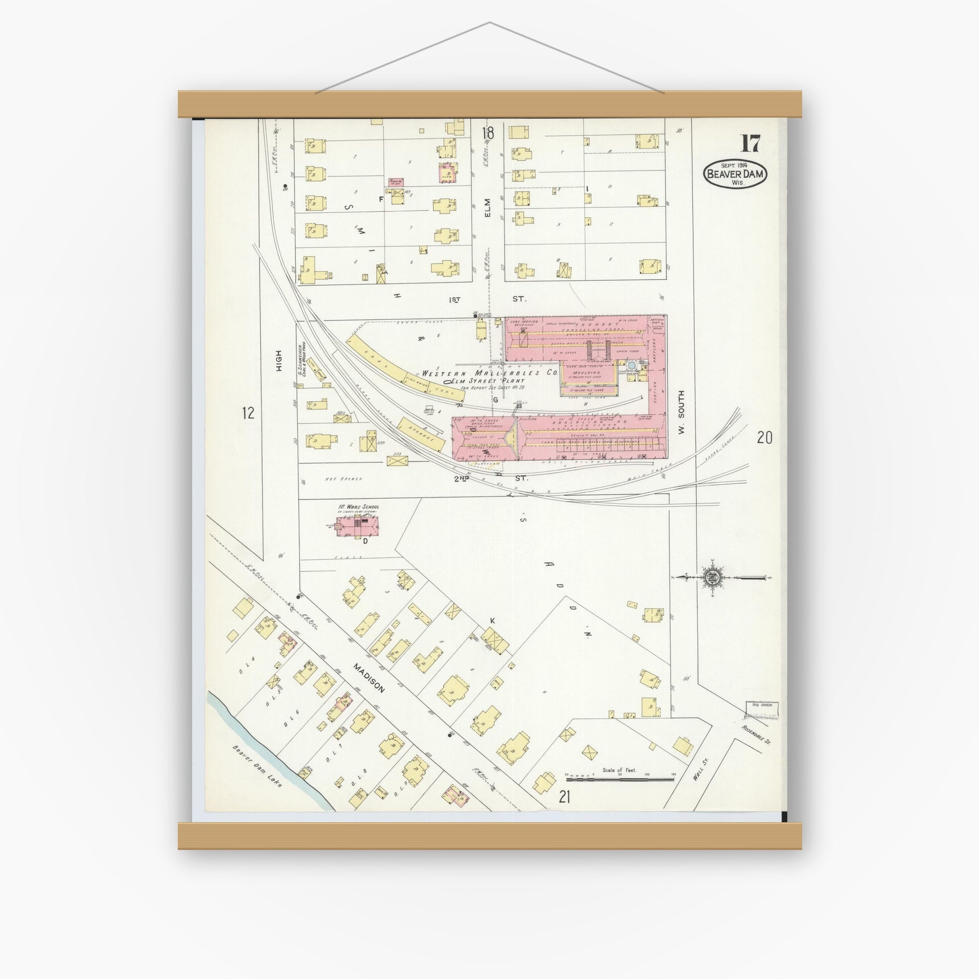 Old map wall art mockup — magnetic wood frame on white wall — Sanborn Fire Insurance Map from Beaver Dam, Dodge County, Wisconsin (1914), Sheet #0017