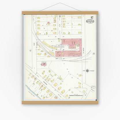 Old map wall art mockup — magnetic wood frame on white wall — Sanborn Fire Insurance Map from Beaver Dam, Dodge County, Wisconsin (1914), Sheet #0017