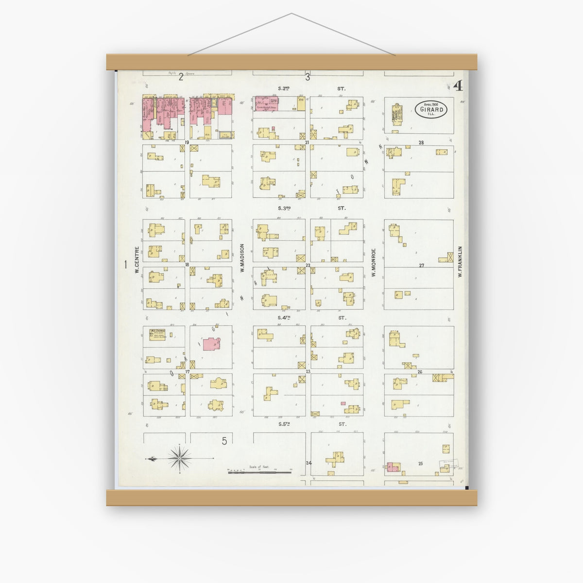 Old map wall art mockup — magnetic wood frame on white wall — Sanborn Fire Insurance Map from Girard, Macoupin County, Illinois (1900), Sheet #0004