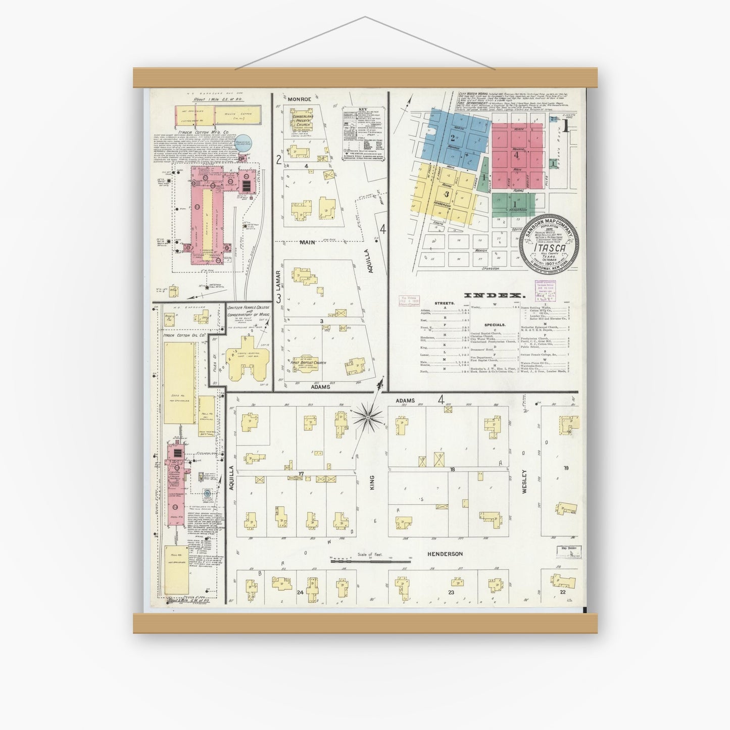 Old map wall art mockup — magnetic wood frame on white wall — Sanborn Fire Insurance Map from Itasca, Hill County, Texas (1907), Sheet #0001