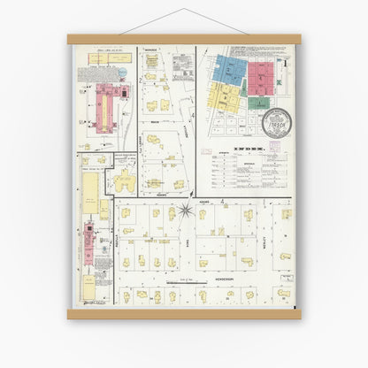 Old map wall art mockup — magnetic wood frame on white wall — Sanborn Fire Insurance Map from Itasca, Hill County, Texas (1907), Sheet #0001