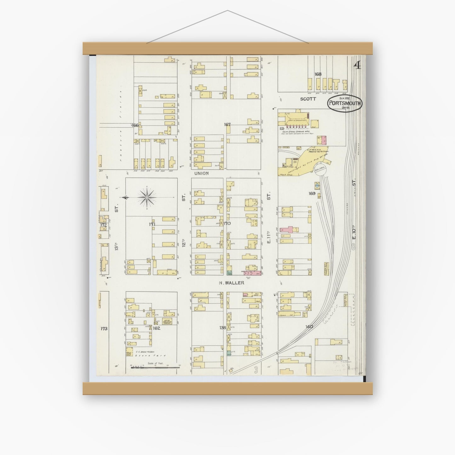 Old map wall art mockup — magnetic wood frame on white wall — Sanborn Fire Insurance Map from Portsmouth, Scioto County, Ohio (1892), Sheet #0004
