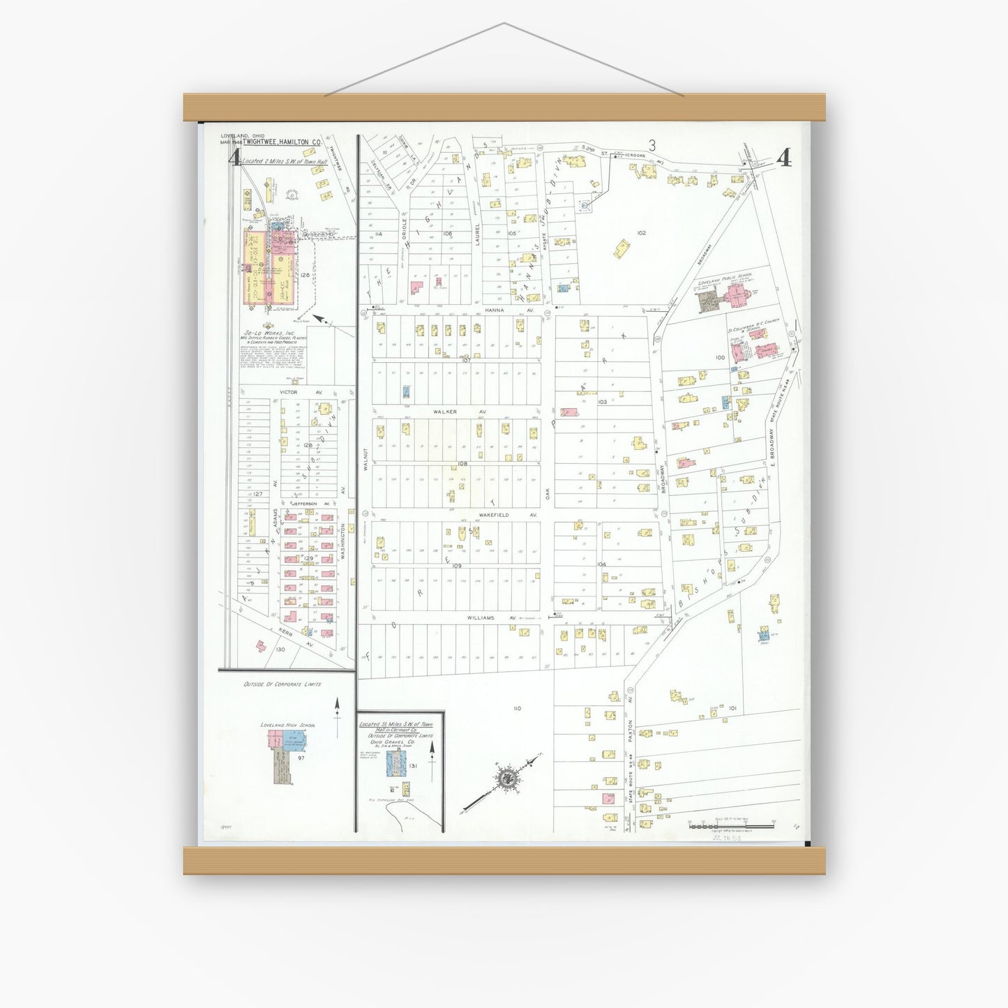 Old map wall art mockup — magnetic wood frame on white wall — Sanborn Fire Insurance Map from Loveland, Clermont, Hamilton, And Warren County, Ohio (1946), Sheet #0004