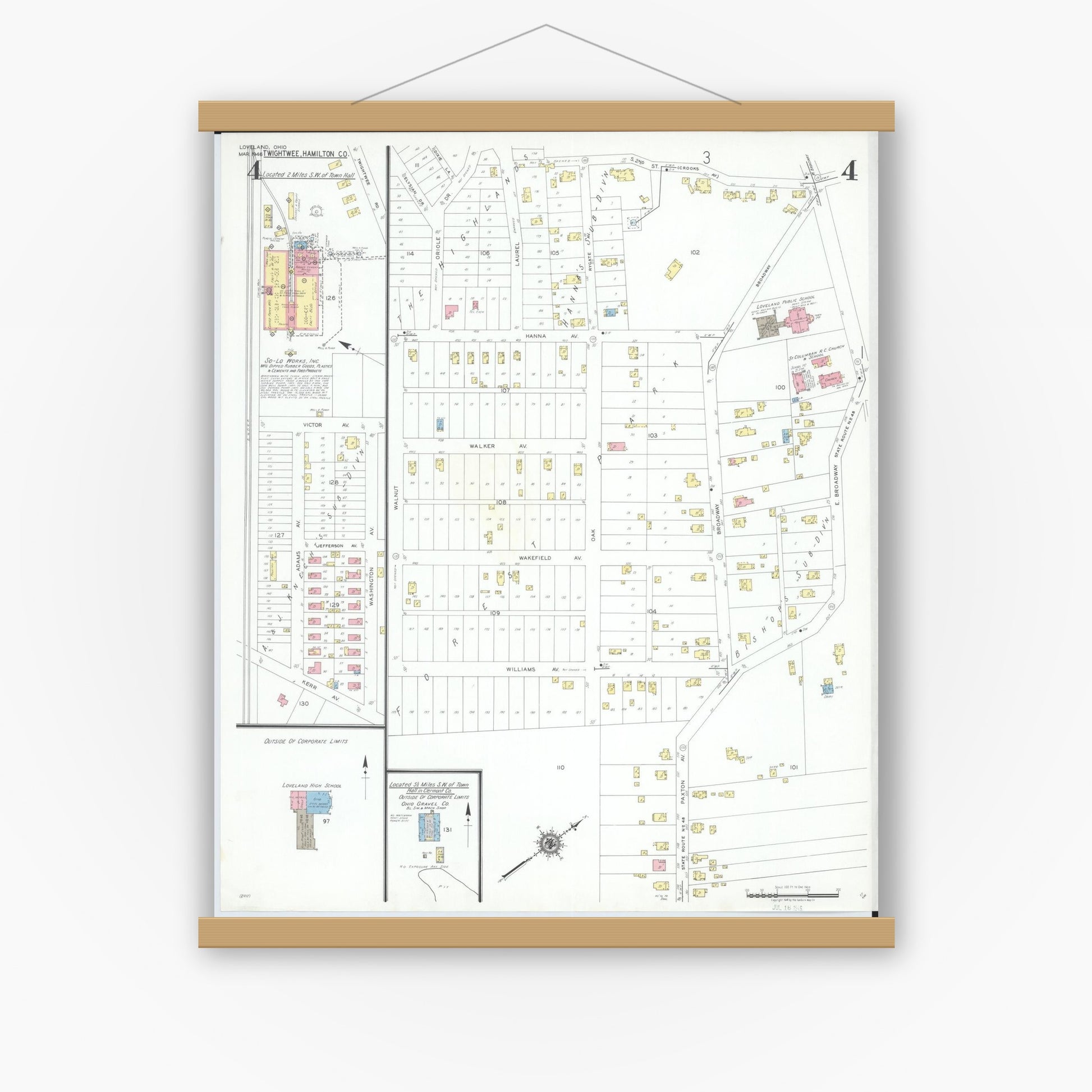 Old map wall art mockup — magnetic wood frame on white wall — Sanborn Fire Insurance Map from Loveland, Clermont, Hamilton, And Warren County, Ohio (1946), Sheet #0004