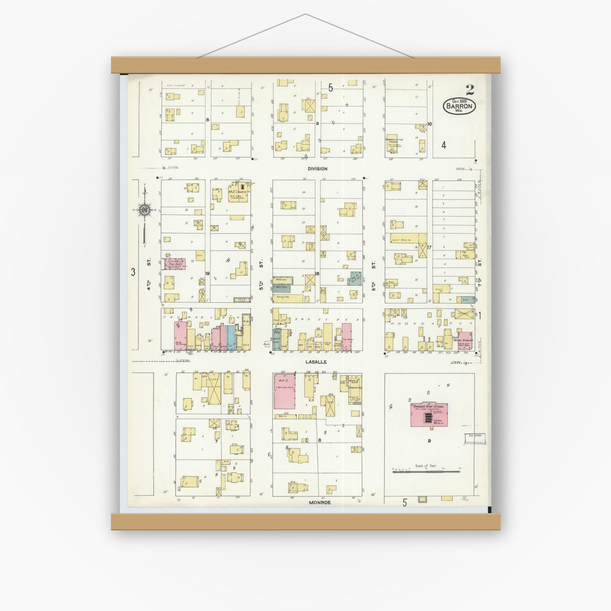 Old map wall art mockup — magnetic wood frame on white wall — Sanborn Fire Insurance Map from Barron, Barron County, Wisconsin (1909) - Complete Map Set