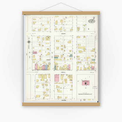 Old map wall art mockup — magnetic wood frame on white wall — Sanborn Fire Insurance Map from Barron, Barron County, Wisconsin (1909) - Complete Map Set