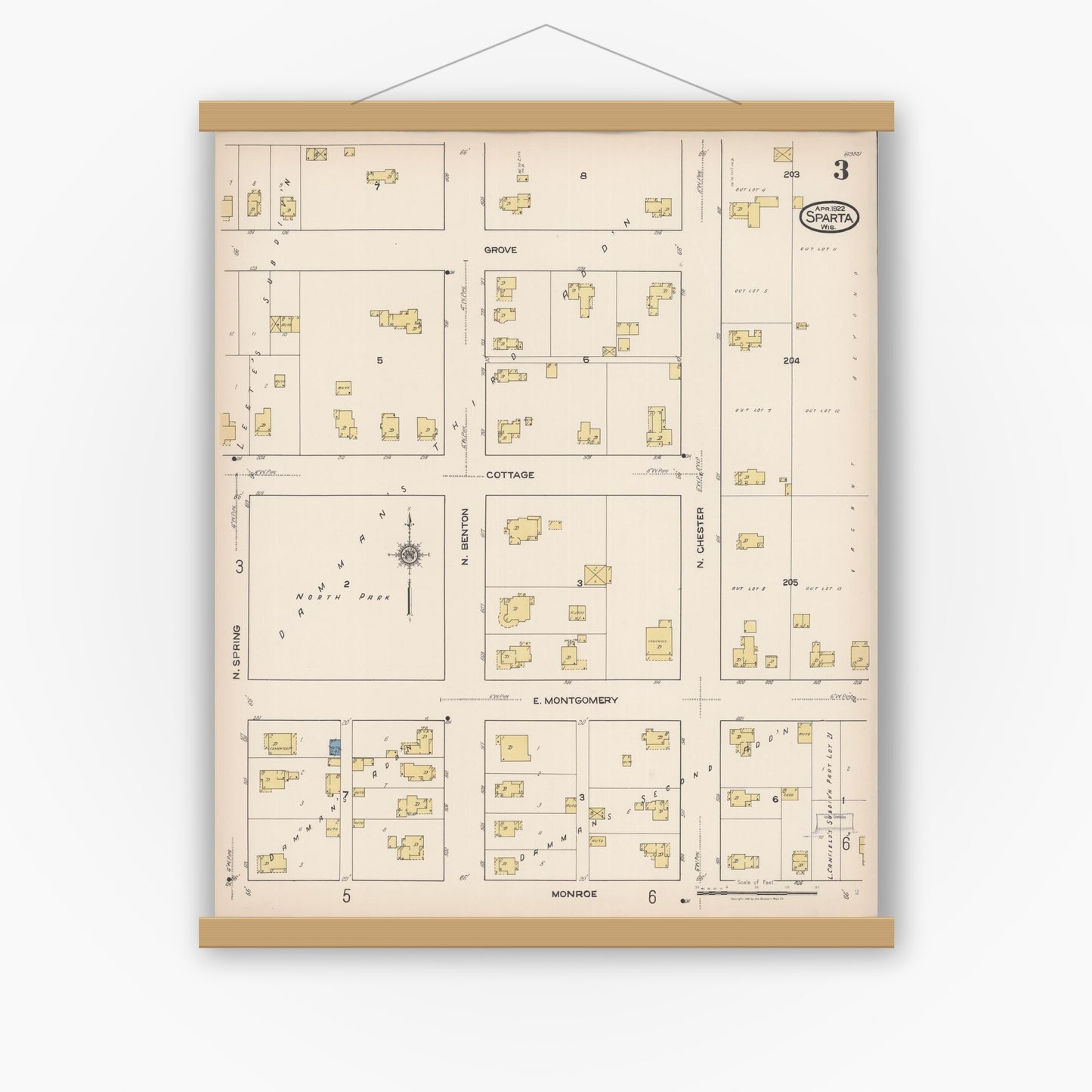Old map wall art mockup — magnetic wood frame on white wall — Sanborn Fire Insurance Map from Sparta, Monroe County, Wisconsin (1922), Sheet #0003