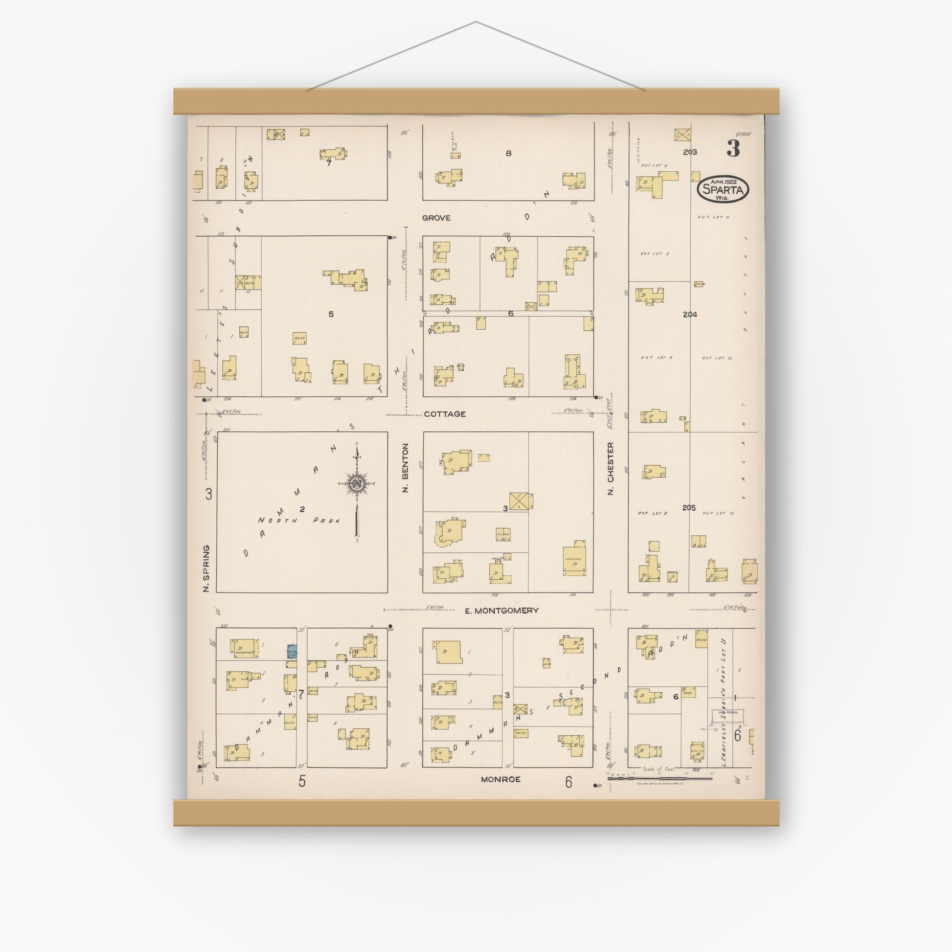 Old map wall art mockup — magnetic wood frame on white wall — Sanborn Fire Insurance Map from Sparta, Monroe County, Wisconsin (1922), Sheet #0003