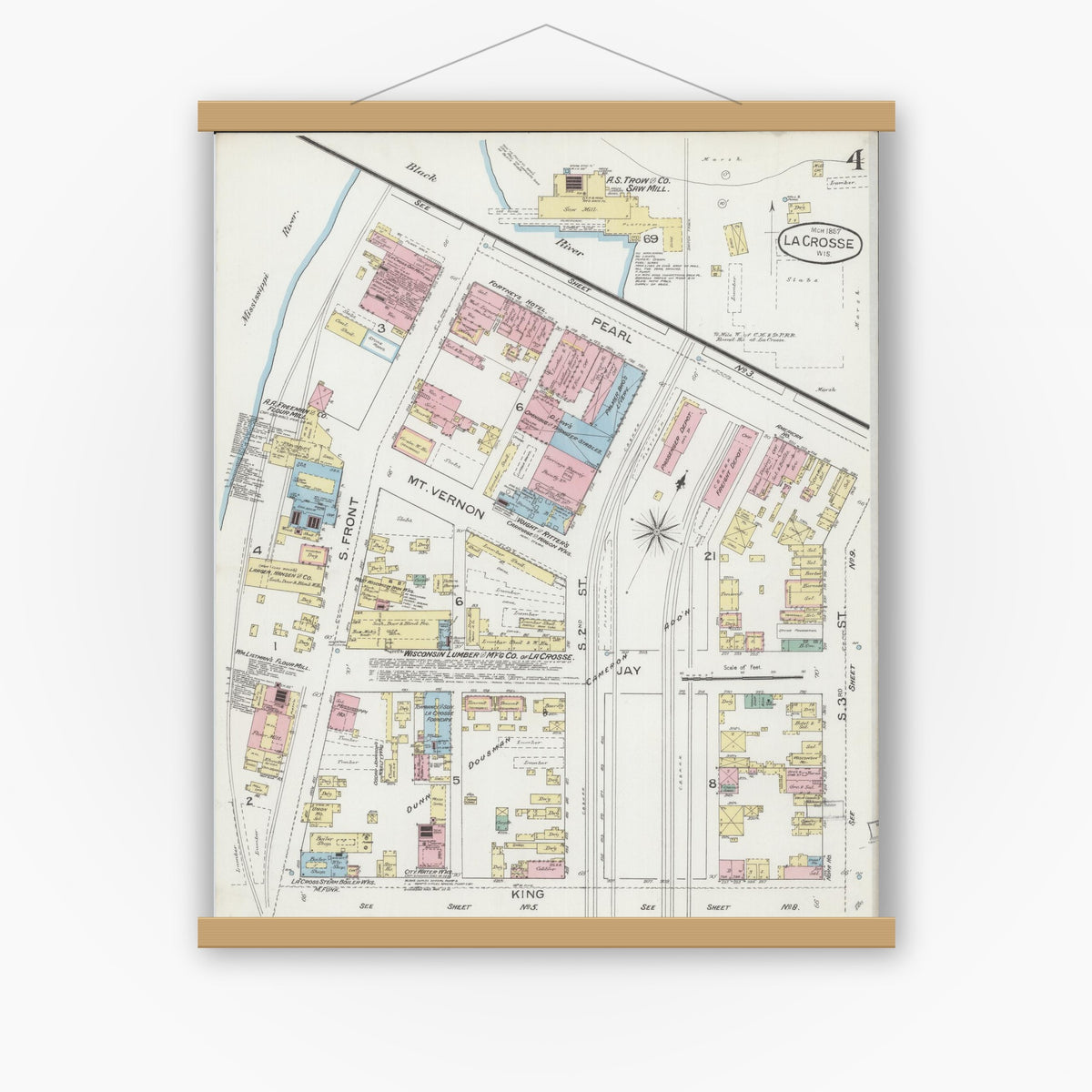 Old map wall art mockup — magnetic wood frame on white wall — Sanborn Fire Insurance Map from La Crosse, La Crosse County, Wisconsin (1887), Sheet #0004