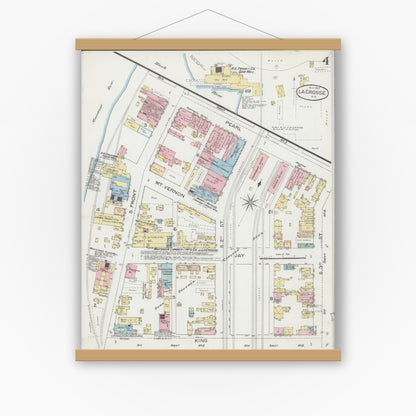 Old map wall art mockup — magnetic wood frame on white wall — Sanborn Fire Insurance Map from La Crosse, La Crosse County, Wisconsin (1887), Sheet #0004