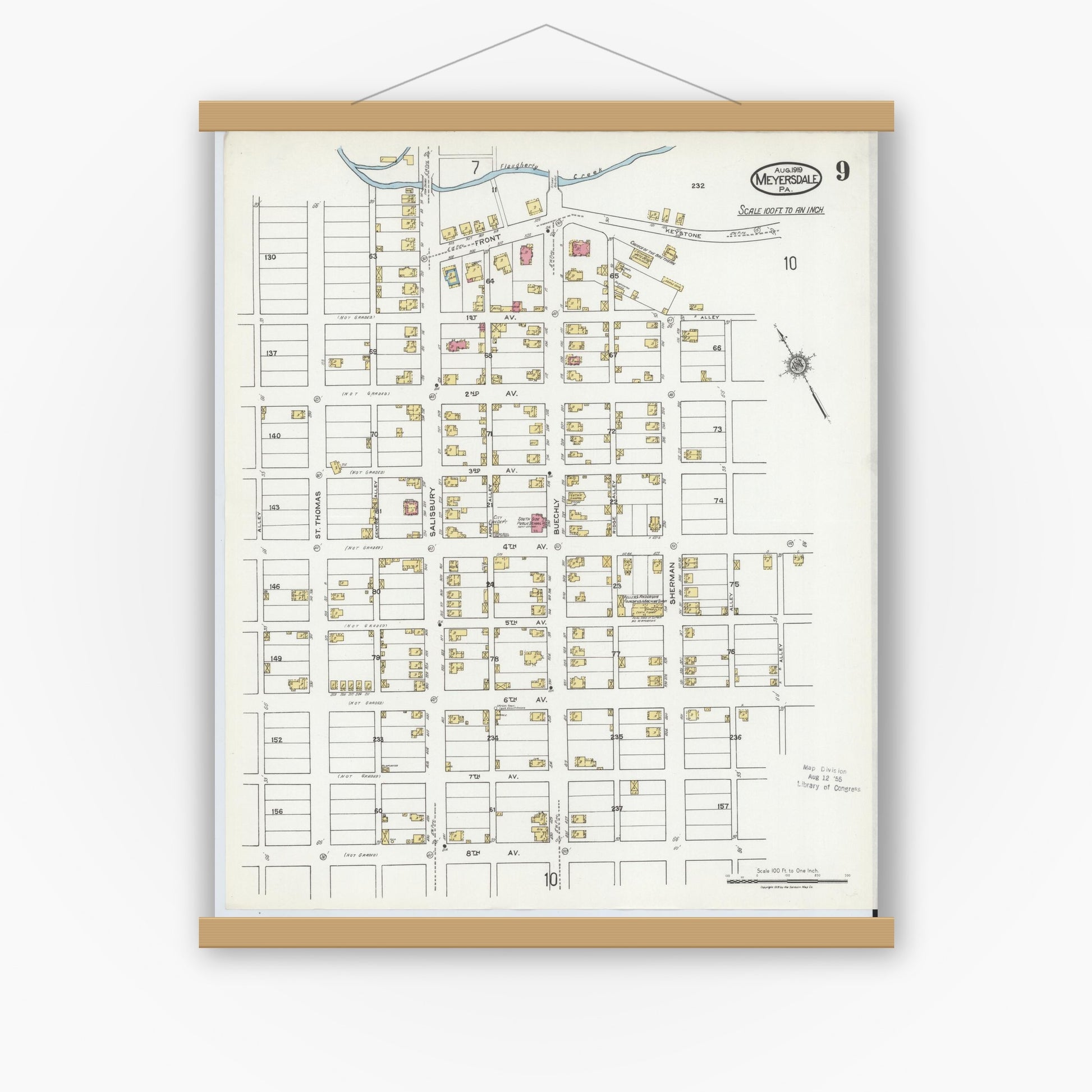 Old map wall art mockup — magnetic wood frame on white wall — Sanborn Fire Insurance Map from Meyersdale, Somerset County, Pennsylvania (1919), Sheet #0009