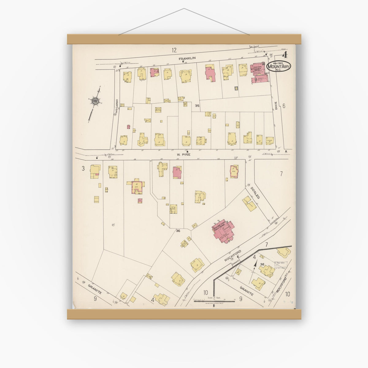 Old map wall art mockup — magnetic wood frame on white wall — Sanborn Fire Insurance Map from Mount Airy, Surry County, North Carolina (1922), Sheet #0004