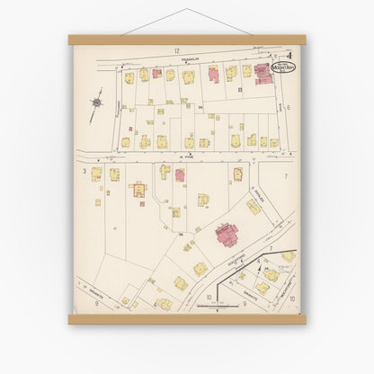 Old map wall art mockup — magnetic wood frame on white wall — Sanborn Fire Insurance Map from Mount Airy, Surry County, North Carolina (1922), Sheet #0004