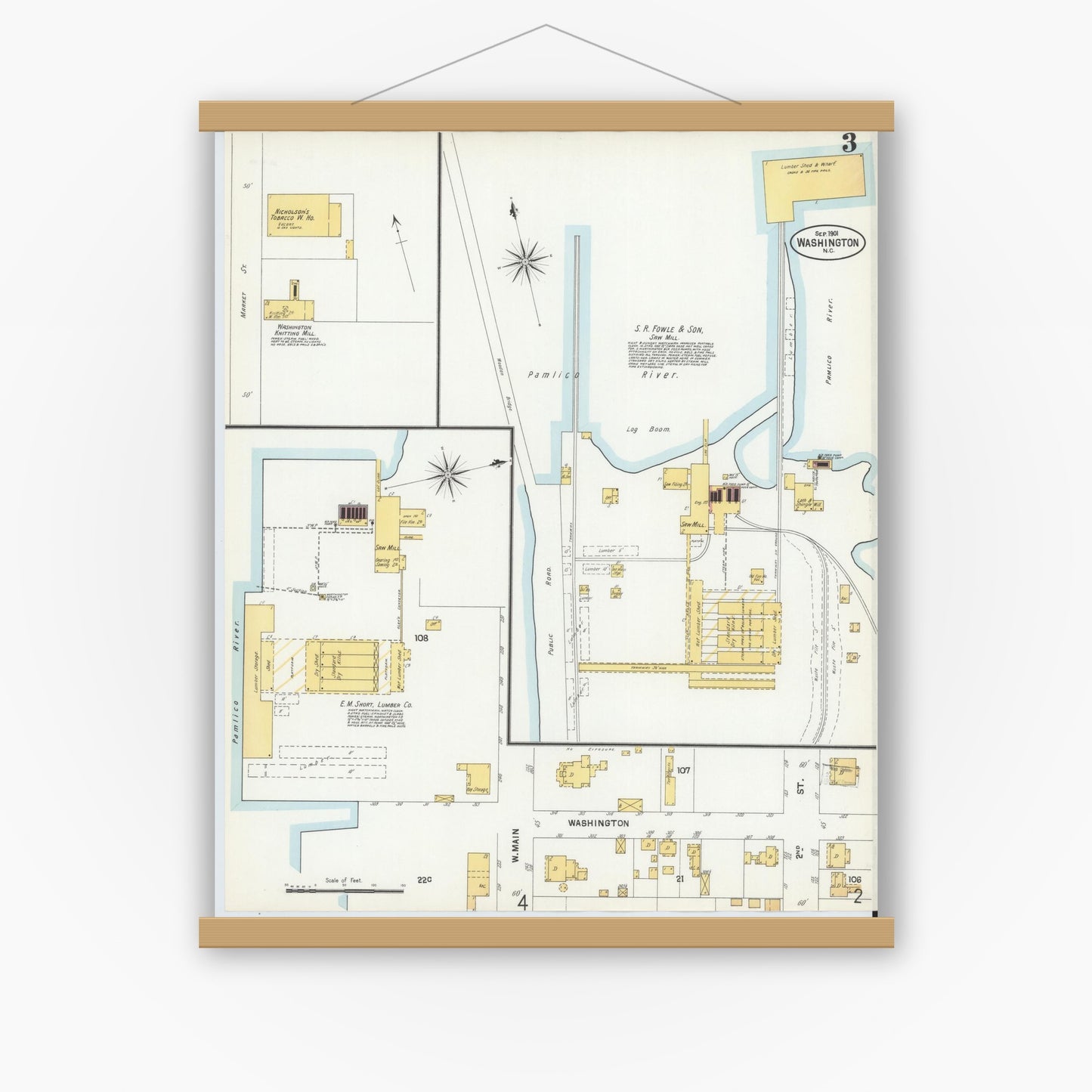 Old map wall art mockup — magnetic wood frame on white wall — Sanborn Fire Insurance Map from Washington, Beaufort County, North Carolina (1901), Sheet #0003