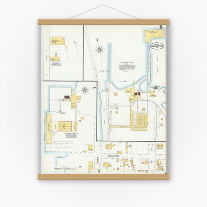 Old map wall art mockup — magnetic wood frame on white wall — Sanborn Fire Insurance Map from Washington, Beaufort County, North Carolina (1901), Sheet #0003