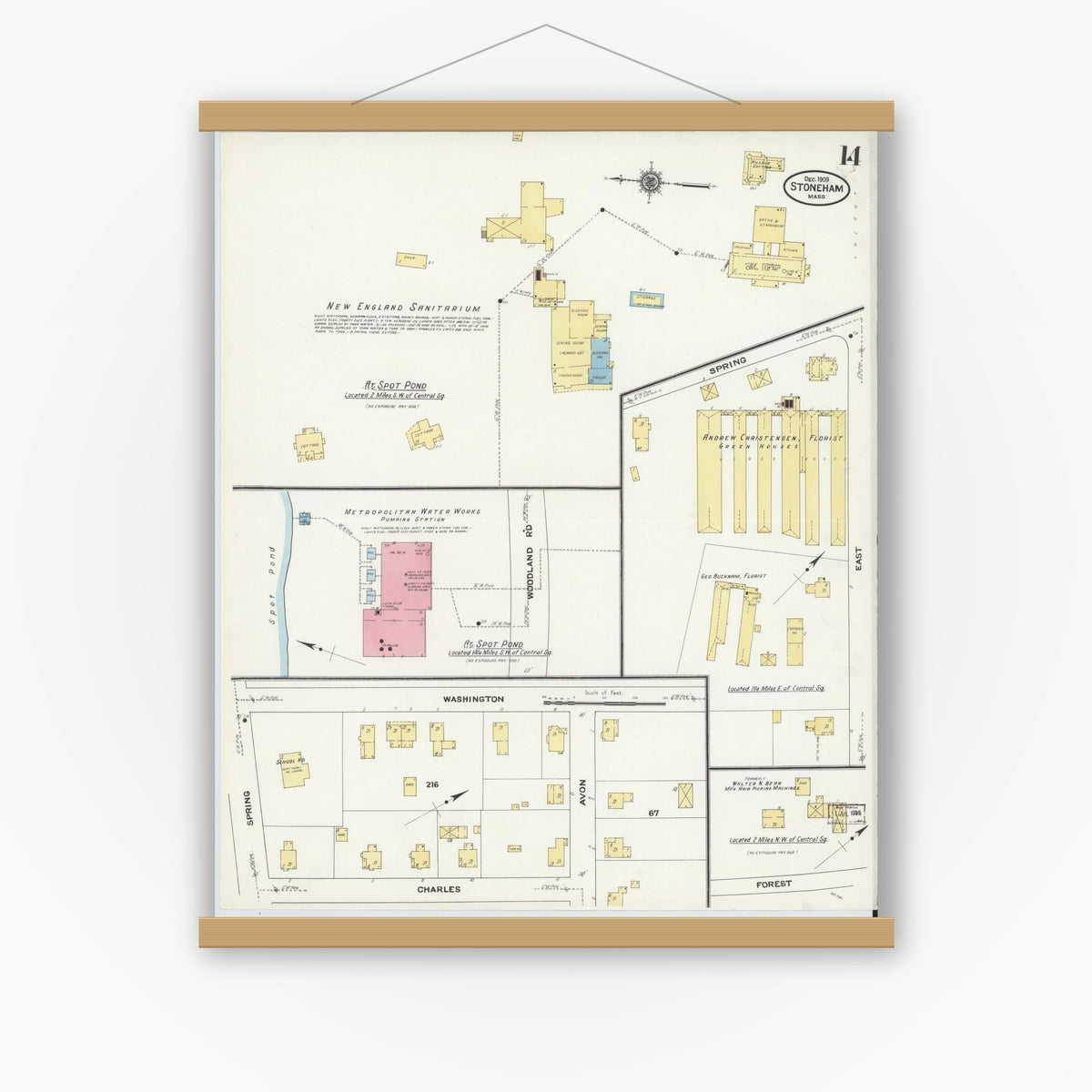 Old map wall art mockup — magnetic wood frame on white wall — Sanborn Fire Insurance Map from Stoneham, Middlesex County, Massachusetts (1909), Sheet #0014