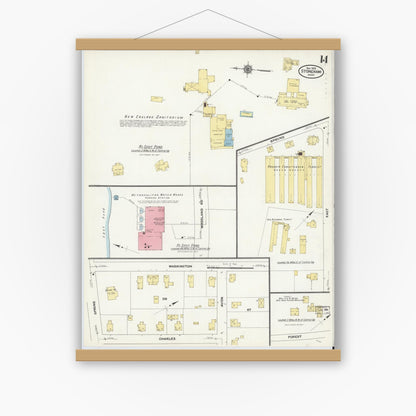 Old map wall art mockup — magnetic wood frame on white wall — Sanborn Fire Insurance Map from Stoneham, Middlesex County, Massachusetts (1909), Sheet #0014